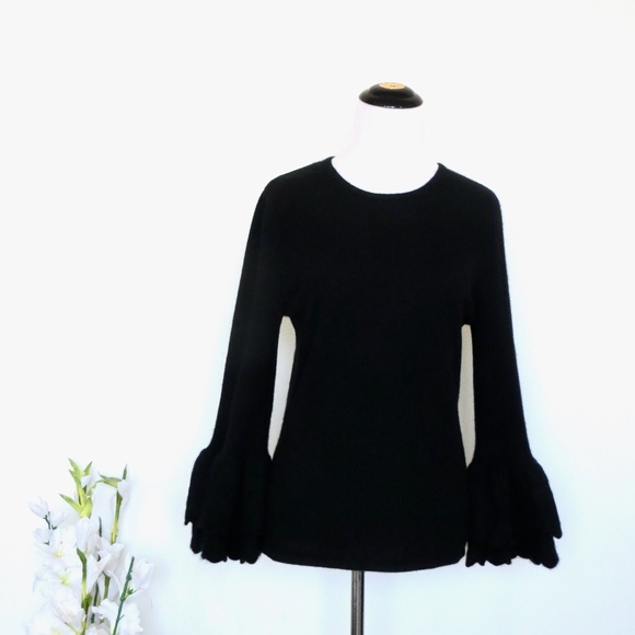 Saks Fifth Ave 100% Cashmere Sweater Tiered Ruffle Ruffle Sleeve Black SZ S - Picture 1 of 6